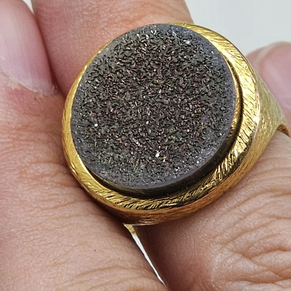 Gold Tone Gray Sparkle Druzy Statement Ring Texture Band Cocktail Jewelry Sz 6.5